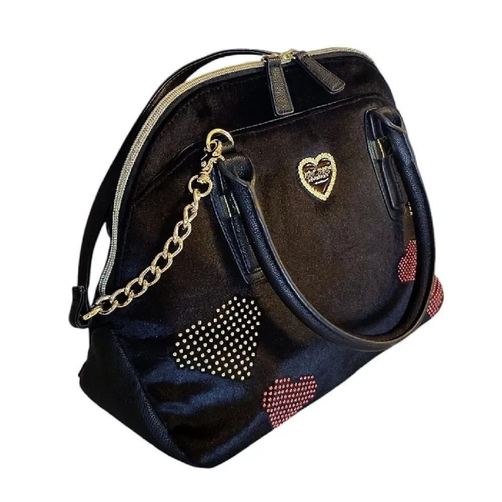 Betsey‎ Johnson Black Velvet Studded Hearts Dome Satchel Crossbody Bag Large